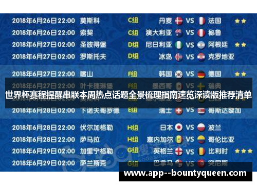 世界杯赛程提醒串联本周热点话题全景梳理指南速览深读版推荐清单 世界杯赛程提醒串联本周热点话题全景梳理指南速览深读版推荐清单